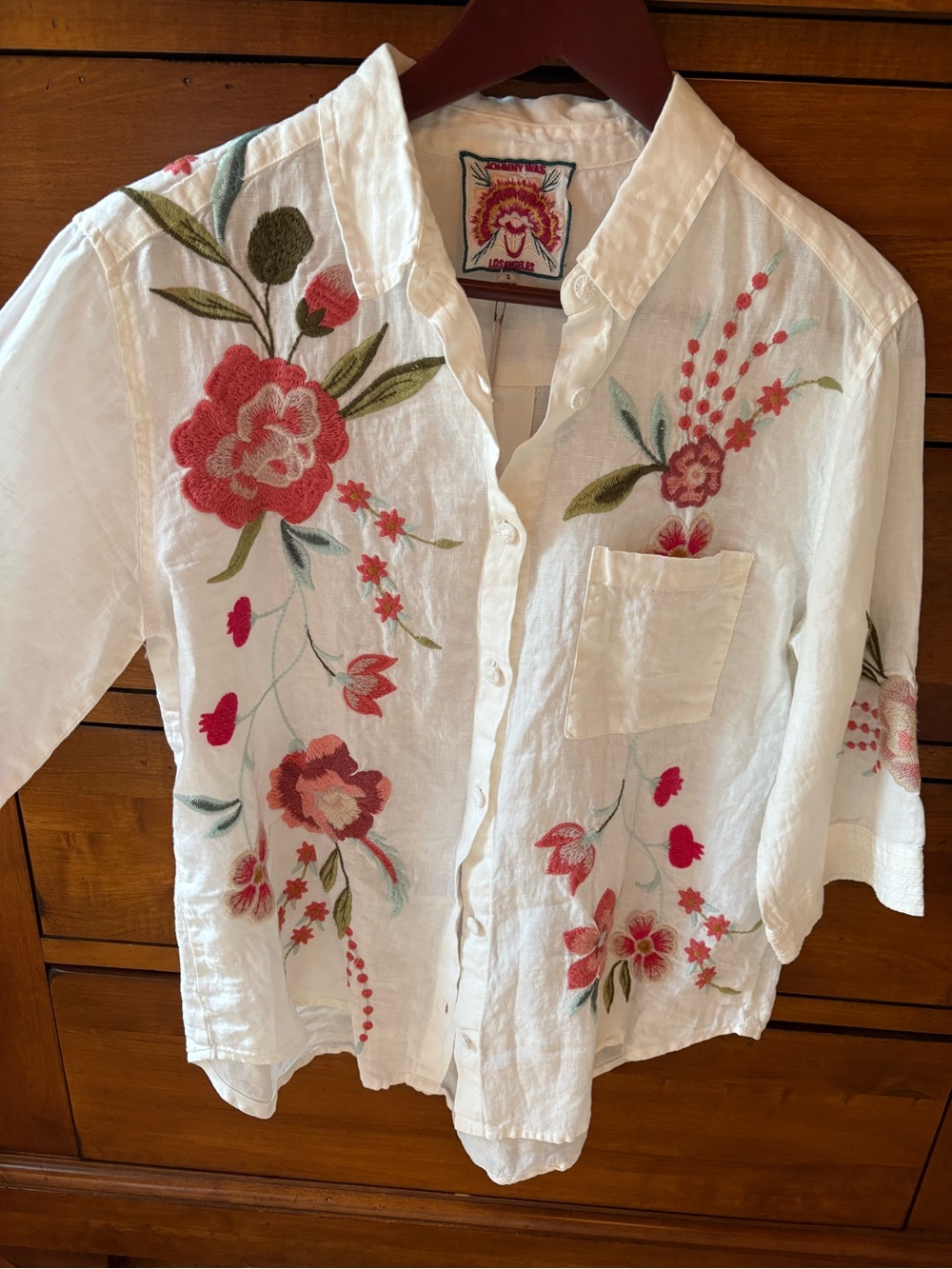 Johnny Was White 100% Linen Shirt with Pink and Coral Floral Embroidery